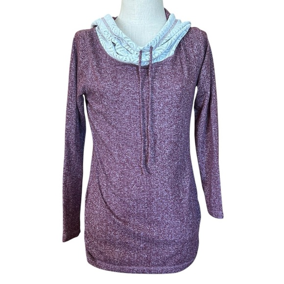 Chance Or Fate Medium Burgundy Long Hooded Lightweight Shirt Crochet Cowl Neck - Picture 2 of 10